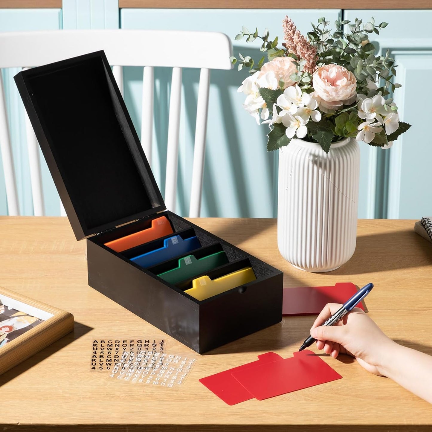 Henoyso 3 x 5 Inch Index Card Holder Set, Bamboo Recipe Box Organizer Index Cards Organizer, 50 Pcs Dividers 2 Sheets Alphabet Number Stickers File Note Holders for Office Business Home Kitchen, Black