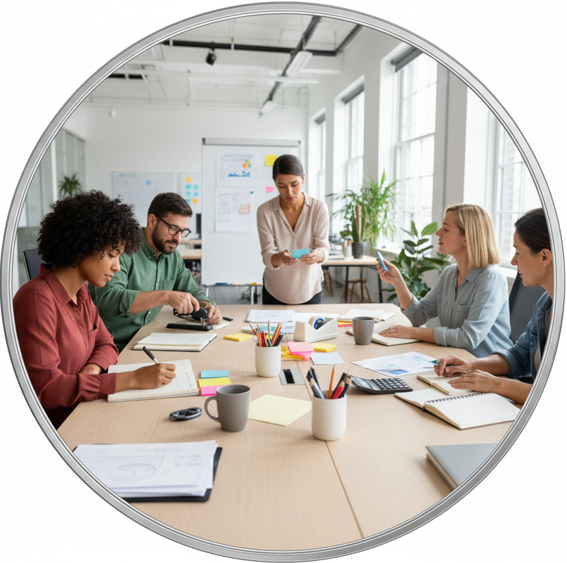 circle photo of a people using office supplies